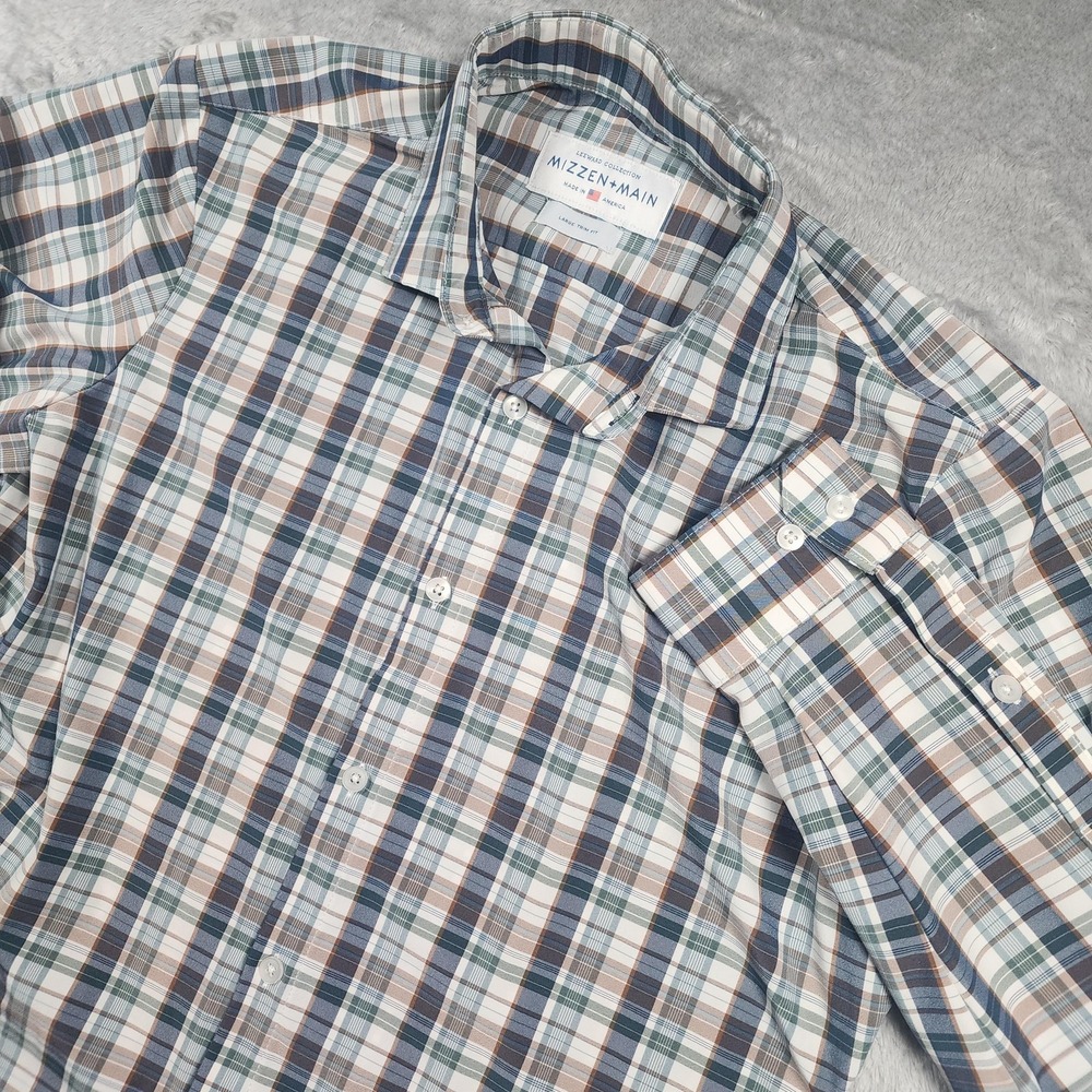 Mizzen+Main Leeward Dress Shirt Mens Large Trim Fit Blue Brown Plaid Made in USA